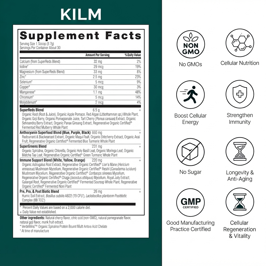 KILM Cellular Superfood Powder supplement facts panel